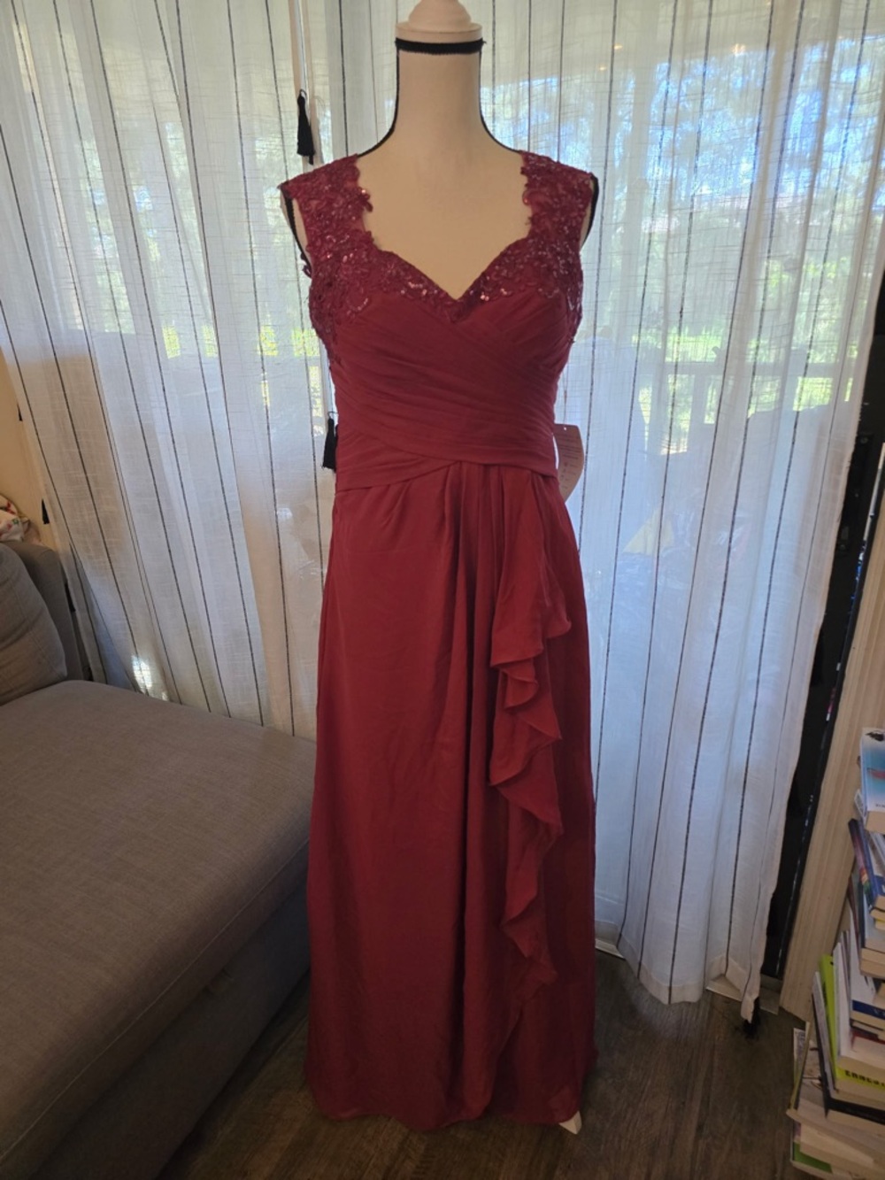 Lace-Trim Burgundy Sleeveless Maxi Dress with Cascading Ruffle